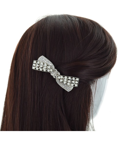 Sparkling Crystal Faux Pearl Bow Barrette