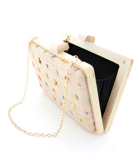 Raffia Straw Wood Frame Clutch